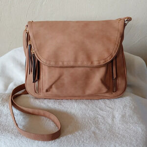 Tan Brown Faux Leather Vegan Multi Pocket Crossbody Bag Shoulder Bag Purse